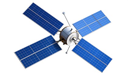 High altitude perspective of a satellite configuration equipped with solar panel technology for