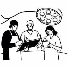 Medical team consults on patient chart under surgical lamp