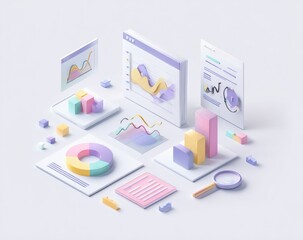 Fototapeta premium Pastel-colored 3D isometric graphic representation of various data visualizations, including charts, graphs, and reports. A modern, minimalist design with soft hues of pink, yellow, and light purple