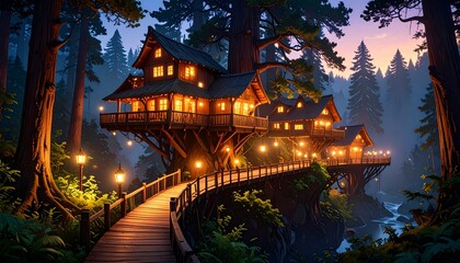 Magical treehouse retreat nestled in forest with glowing lights and scenic views at twilight.