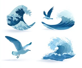 Four stylized depictions of ocean waves and seagulls