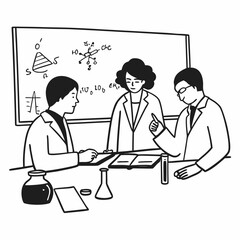 Scientists collaborate on research discussing chemistry formulas on whiteboard in laboratory