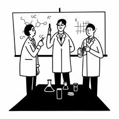 Scientists collaborate on complex molecular research at a whiteboard with lab equipment