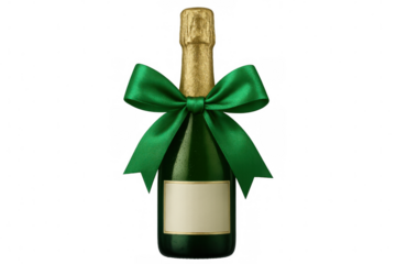 Celebratory champagne bottle sporting decorative green ribbon, elegant blank label against transparent backdrop, highlighting festive potential