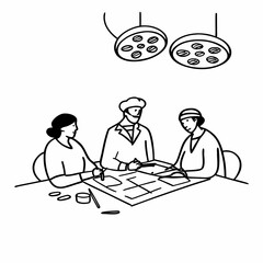 Doctors collaborate on medical plans under surgical lights