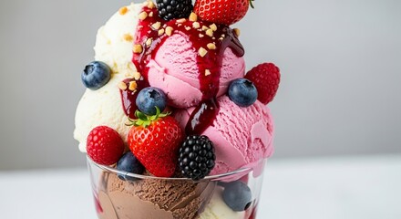 Layered Ice Cream Sundae with Fresh Berries and Sweet Sauce.