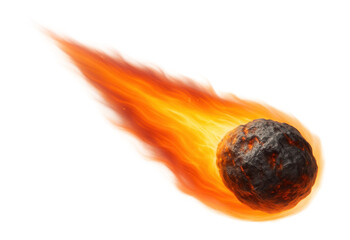 Fiery meteor with a glowing orange tail streaking through space on transparent background.