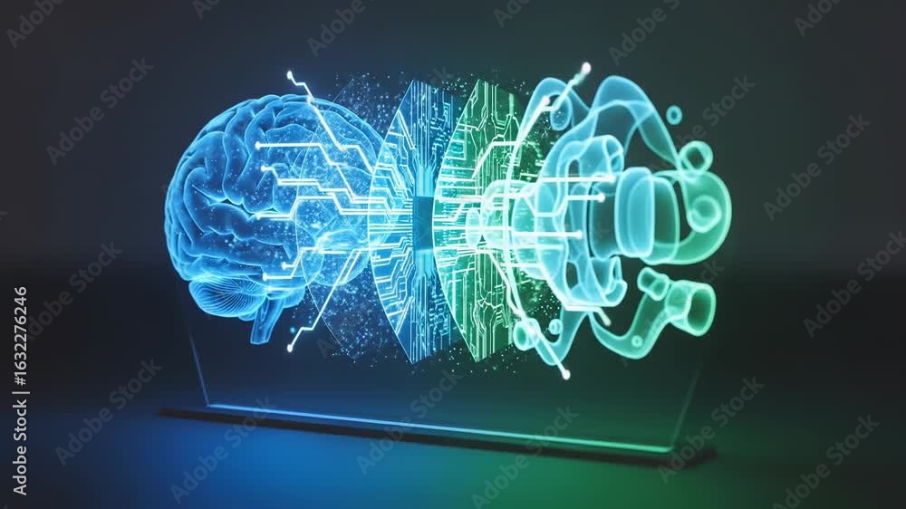Poster holographic representation of a human brain interacting with digital circuitry displaying blue and g