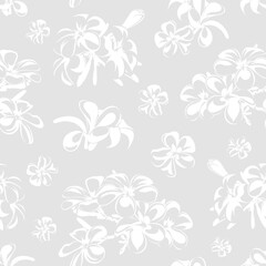 Seamless pattern with white flowers. Plumeria isolated on a gray background. Desert and tropical houseplants. 
