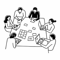 Team collaborates effectively around table using laptops and documents for project success