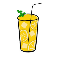 Cute Illustration of a Refreshing Iced Lemon Drink in a Tall Glass


