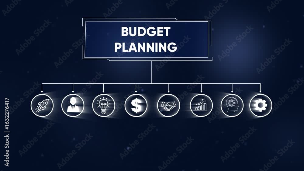 Poster animated rocket and gear icons connected to data visualization diagram on blue background