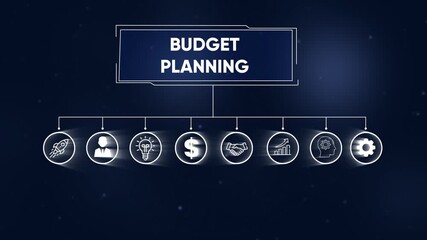 Animated rocket and gear icons connected to data visualization diagram on blue background - Powered by Adobe