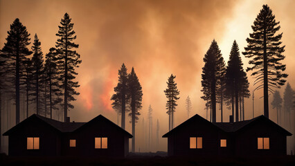 Destruction from wildfire is evident in this dramatic scene, showcasing silhouettes of houses surrounded by towering trees and smoke
