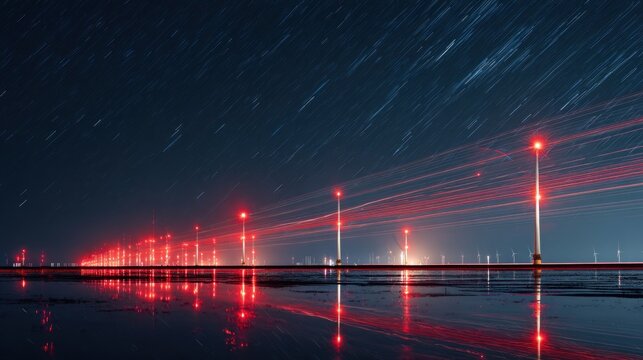 Night wind farm, star trails, red lights reflecting
