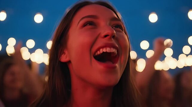 Excited young woman laughs with joy at a vibrant outdoor music festival or concert Captivating close up of a happy female enjoying live entertainment under fest