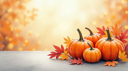 Naklejka premium Bright orange pumpkins with vivid maple leaves on table in warm sunlight. Autumn still life, for Thanksgiving, harvest themes, seasonal decor and fall celebration concepts