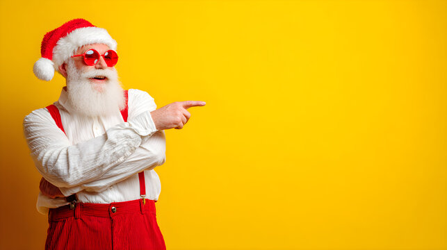 Stylish Santa pointing cheerfully