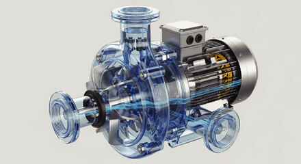 Transparent cutaway view of a centrifugal pump showcasing internal mechanisms and fluid flow.