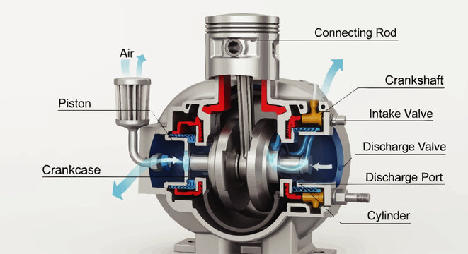 Detailed cutaway diagram of a reciprocating air compressor, showcasing internal components and airflow.