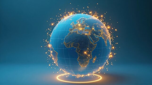 Digital Globe Earth with Network Connections and Glowing Lights in Blue Background