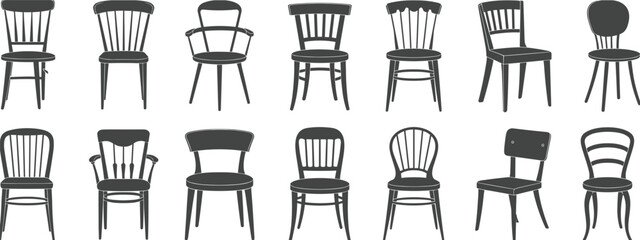 Chair silhouettes collection, 15 unique designs, furniture styles, interior decor, black vector, ornate and simple, design diversity, seating shapes