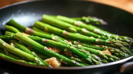 Asparagus in skillet cooking food recipe dinner healthy vegetables.