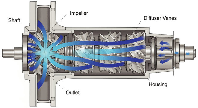 Cross-section diagram of a centrifugal compressor, illustrating air flow paths and components.