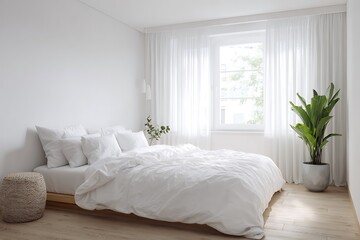 Relaxing all white bedroom interior with natural light and plant offers tranquil vibes for home decor, lifestyle, and wellness inspiration