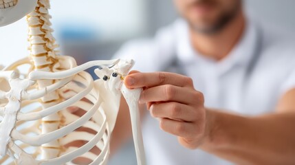 a shot focusing on the physiotherapist using an anatomical model of a shoulder joint to help the patient understand their injury, symbolizing education and a clear path to recovery