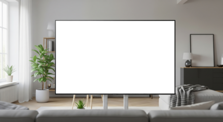 Large television with a blank screen in a modern living room.