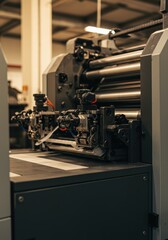 Printing press rollers and mechanisms inside a factory. Automated production machinery for large scale commercial printing for banner, poster, or blog post.	
