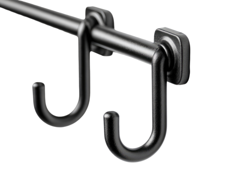 Two black metal towel bar hooks