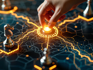 Strategic business concept showing reflective gold pawns at key intersections with human hand reaching to make a move, representing decision-making, leadership, and organizational planning