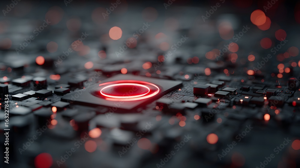 Poster advanced microchip with glowing red accent: technology concept