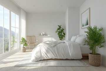 Fototapeta premium Serene white bedroom interior with modern design and lush green plants for a calming, peaceful retreat, perfect for relaxation and tranquility