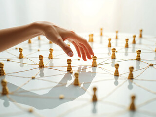 Strategic business concept showing reflective gold pawns at key intersections with human hand reaching to make a move, representing decision-making, leadership, and organizational planning