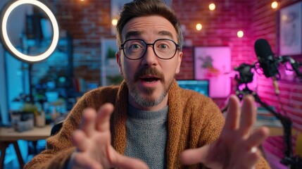 cinematic medium shot of an engaging content creator speaking directly to their camera, using expressive hand gestures as they give advice to followers, professional home studio with a microphone and 