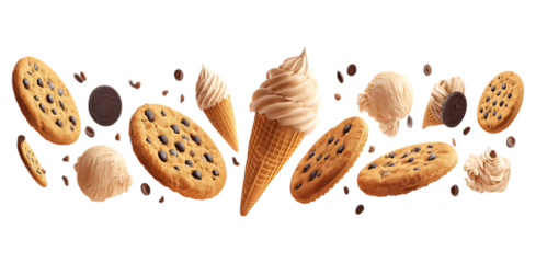 Different types of chocolate chip cookie ice cream sandwich cookies, brown sugar-wafer cookies floating in the air isolated on a transparent background