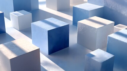 Obraz premium Abstract Blue and White Geometric Cubes: Shadow and Light Play