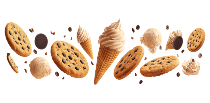 Different types of chocolate chip cookie ice cream sandwich cookies, brown sugar-wafer cookies floating in the air isolated on a transparent background
