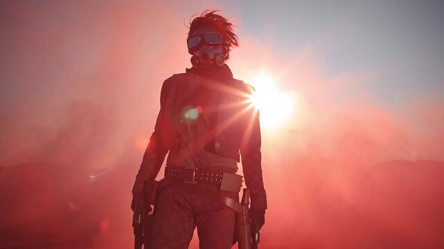 A space cowboy gunslinger walks toward slow motion red Martian dust storm high tech breathing mask, dual plasma alien landscape, two suns sci-fi western fusion, cinematic lens flare dust motion