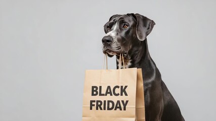 Large dog holding a bag labeled "Black Friday" promoting a sale against a neutral background with copy space - Powered by Adobe