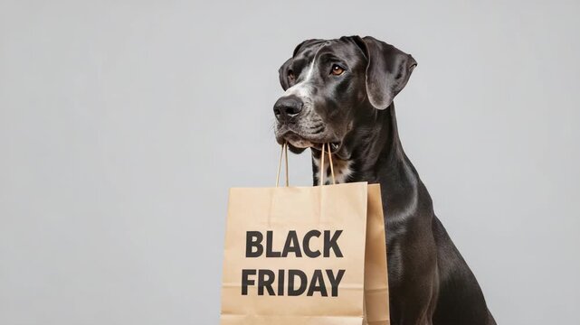 Large dog holding a bag labeled "Black Friday" promoting a sale against a neutral background with copy space