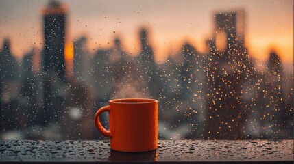 Sunset Over a Rainy Cityscape as Seen Through a Foggy Window with a Cup of Steaming Beverage in the Foreground
