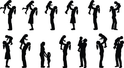 Parent child silhouettes, family bonding, lifting children, holding toddlers, playful interaction, black vector, love, care, parenting, affection