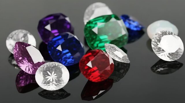 Faceted precious gemstone samples displayed on a black glossy table surface