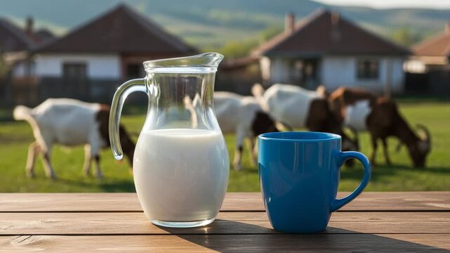 Goat milk and a mug in a glass pitcher with grazing goats and farmhouse in the background