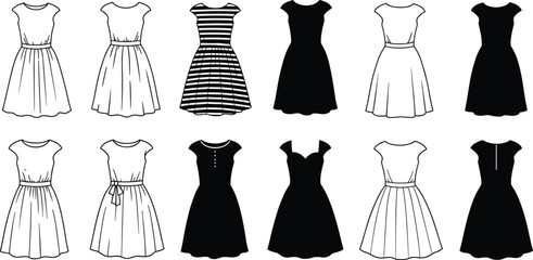 Dress silhouette set, fashion design icons, black and white dresses, striped patterns, belted styles, buttoned outfits, neckline variations, vector clothing illustration