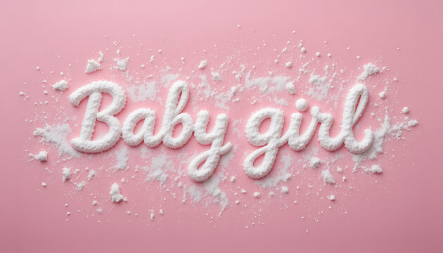 "Baby girl" white script on pink background with powdery splash around letters, 32K Resolution